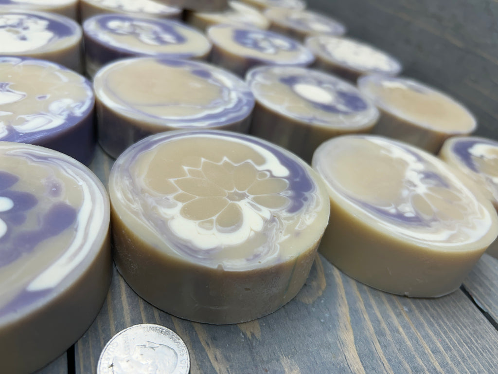 Lavender Essential Oil Goat Milk Soap | Handmade & Soothing; Round 3.5 oz., Creamy Soap, Bubbly Soap, handcrafted soap