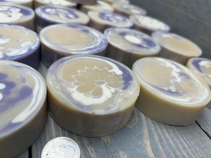 Lavender Essential Oil Goat Milk Soap | Handmade & Soothing; Round 3.5 oz., Creamy Soap, Bubbly Soap, handcrafted soap