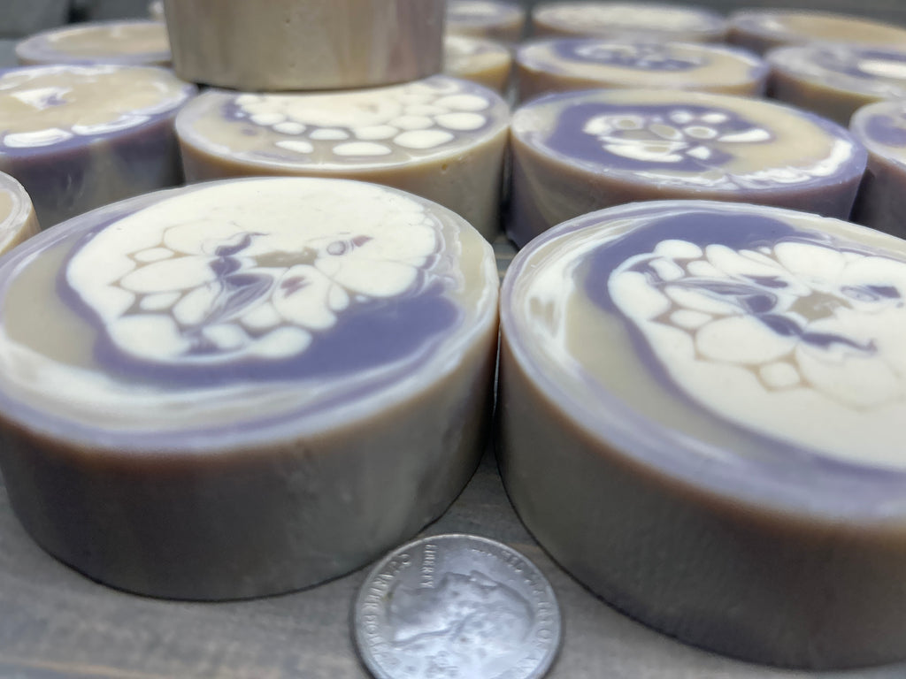 Lavender Essential Oil Goat Milk Soap | Handmade & Soothing; Round 3.5 oz., Creamy Soap, Bubbly Soap, handcrafted soap