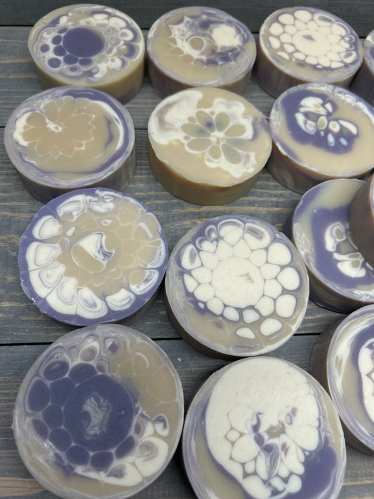 Lavender Essential Oil Goat Milk Soap | Handmade & Soothing; Round 3.5 oz., Creamy Soap, Bubbly Soap, handcrafted soap
