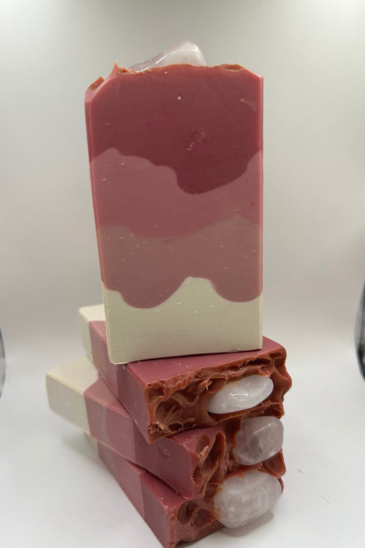 Pink Sugar Soap with Rose Quartz Stone on top of Bar Soap, bubbly soap, creamy soap