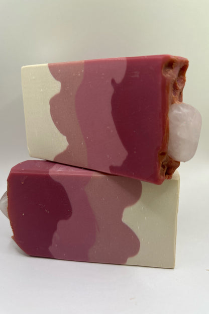 Pink Sugar Soap with Rose Quartz Stone on top of Bar Soap, bubbly soap, creamy soap