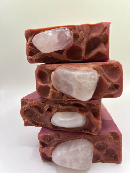 Pink Sugar Soap with Rose Quartz Stone on top of Bar Soap, bubbly soap, creamy soap