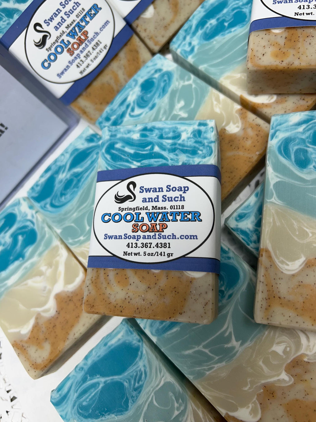 Cool Water Soap – Ocean Fresh, Mint, Cedarwood & Musk! Ocean breezes with lather galore for your cleansing enjoyment 5.0 oz. Long lasting!