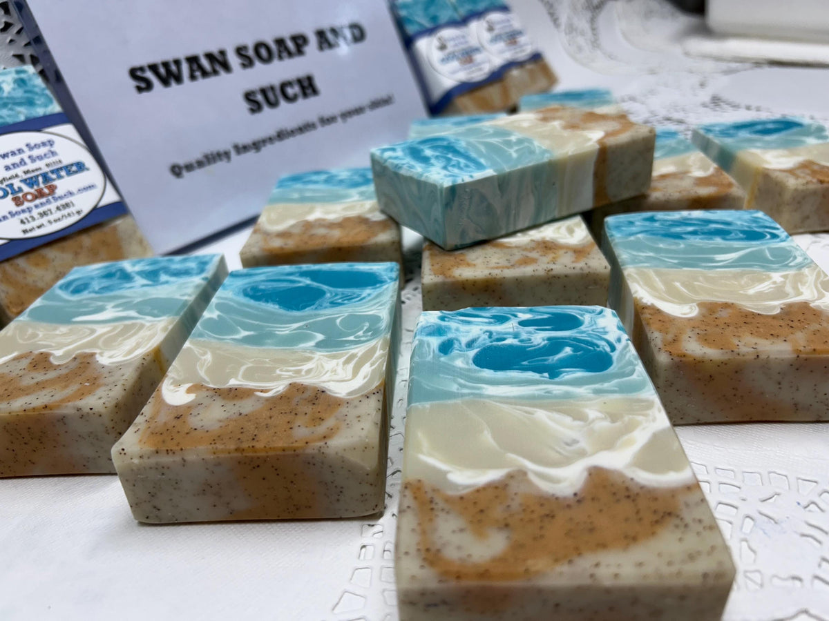 Cool Water Soap – Ocean Fresh, Mint, Cedarwood & Musk! Ocean breezes with lather galore for your cleansing enjoyment 5.0 oz. Long lasting!