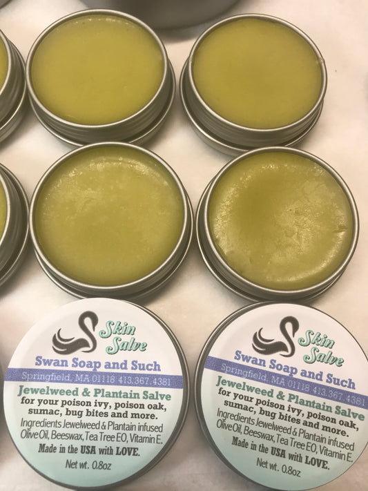 A photo showing a container of Jewelweed and Plantain Salve Balm