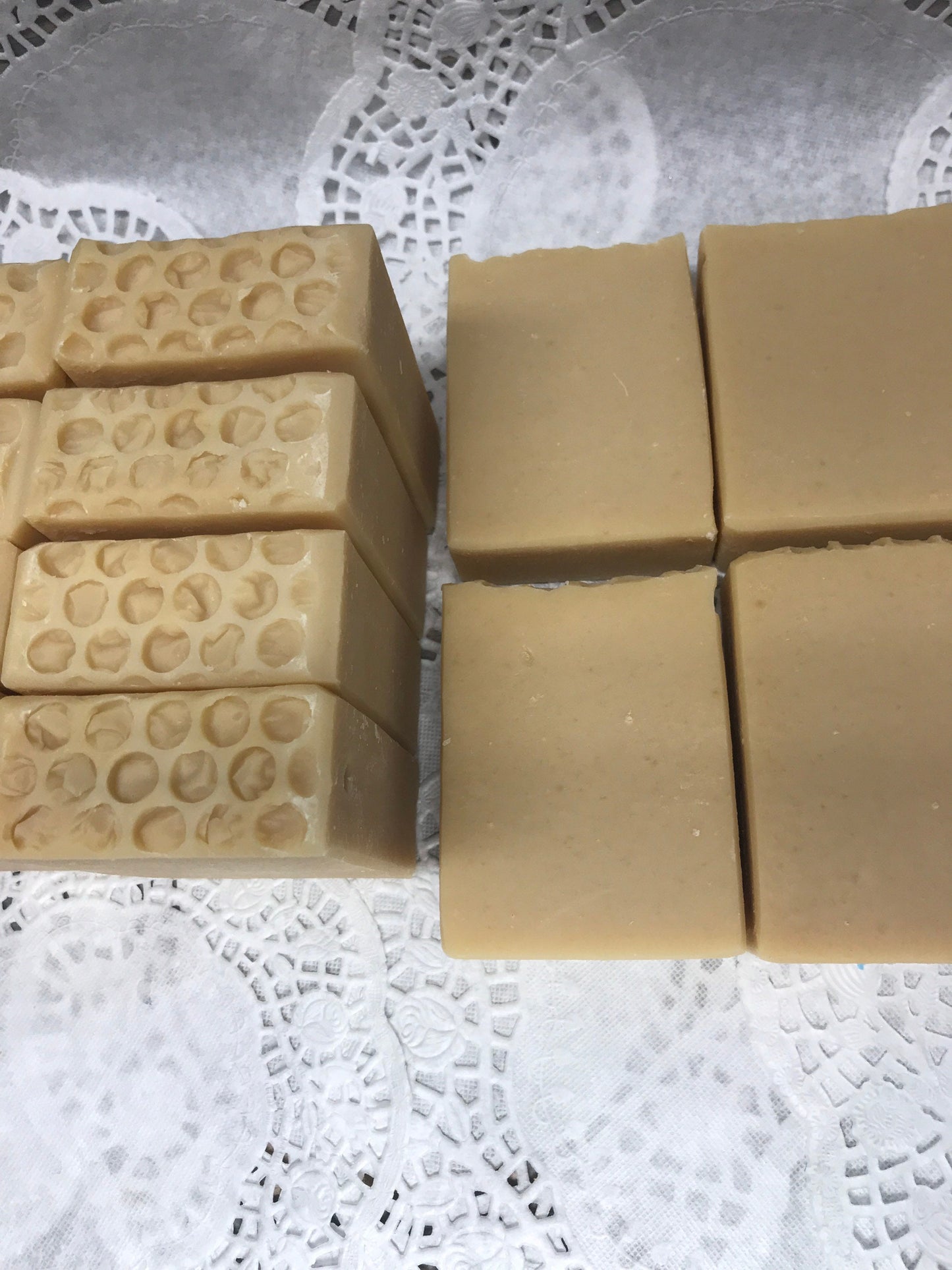 A photo of Goat's Milk and Honey Soap showing a honey comb pattern
