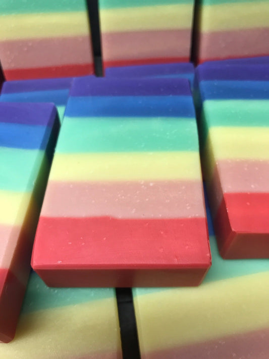 A photo showing detail of a Rainbow Soap scented in Black Raspberry Vanilla Soap Bar