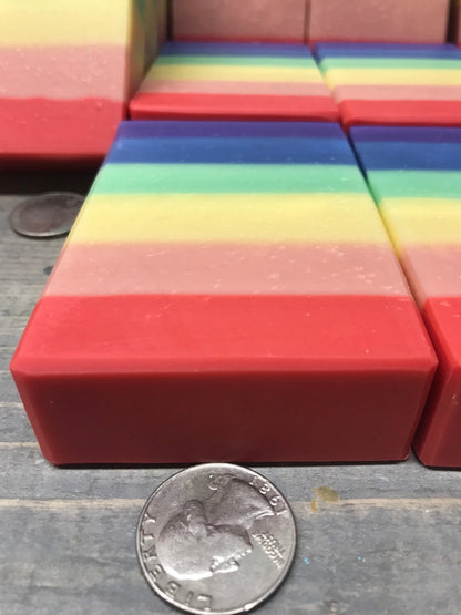 A photo showing detail of a Rainbow Soap scented in Black Raspberry Vanilla Soap Bar