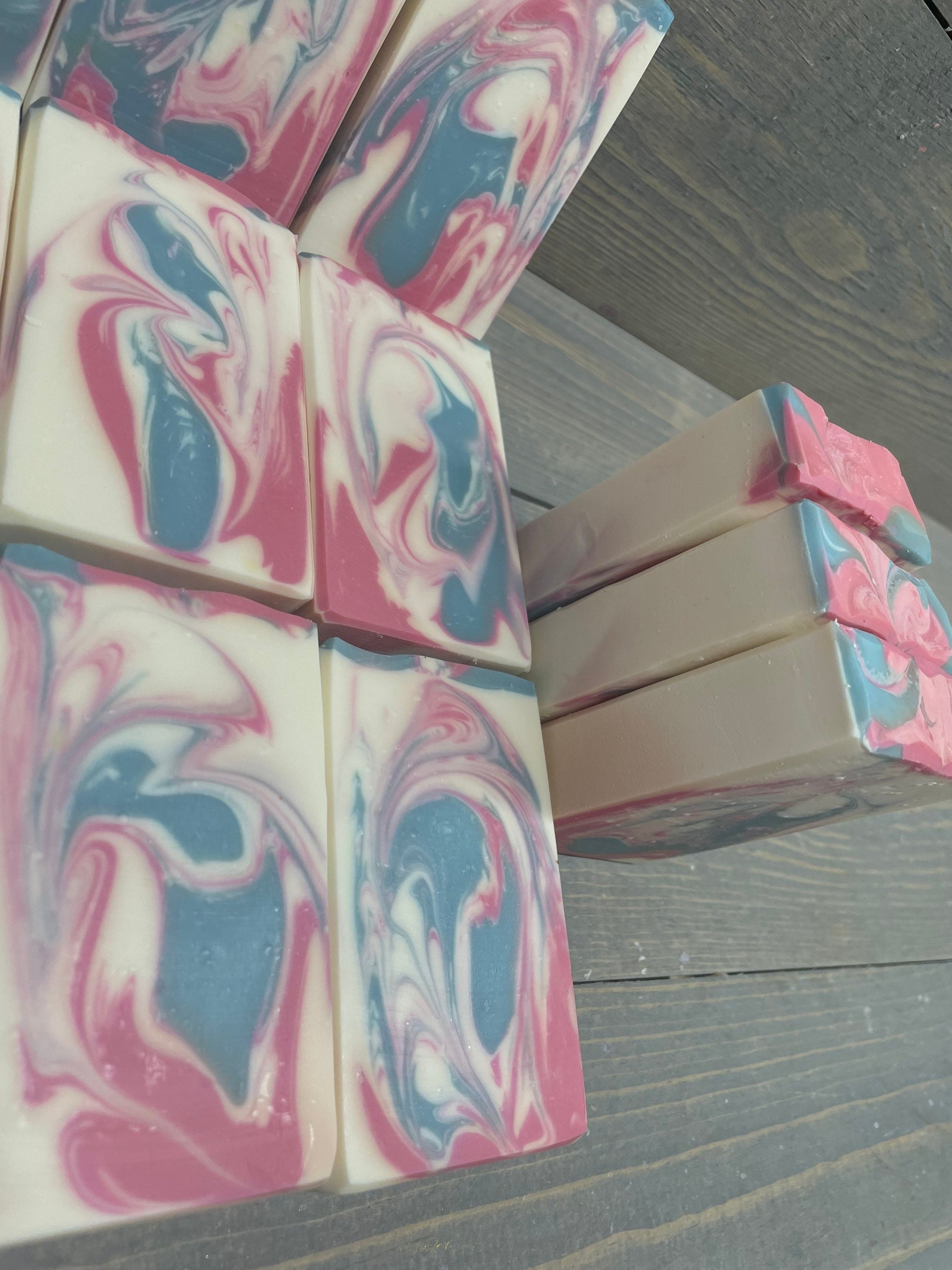 a photo of Angel soap with red, black and white swirls