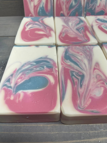 a photo of Angel soap with red, black and white swirls