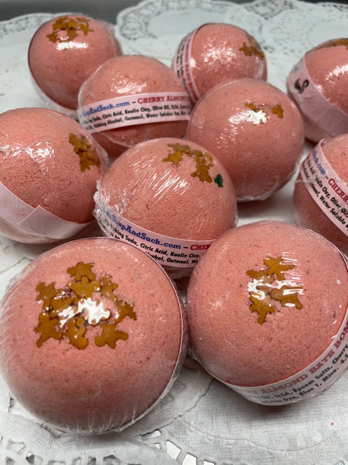 Bath Bomb - Cherry Almond Bath Bombs with Embeds and sugar sprinkles of gingerbread men - 4.5 oz - 2.5"