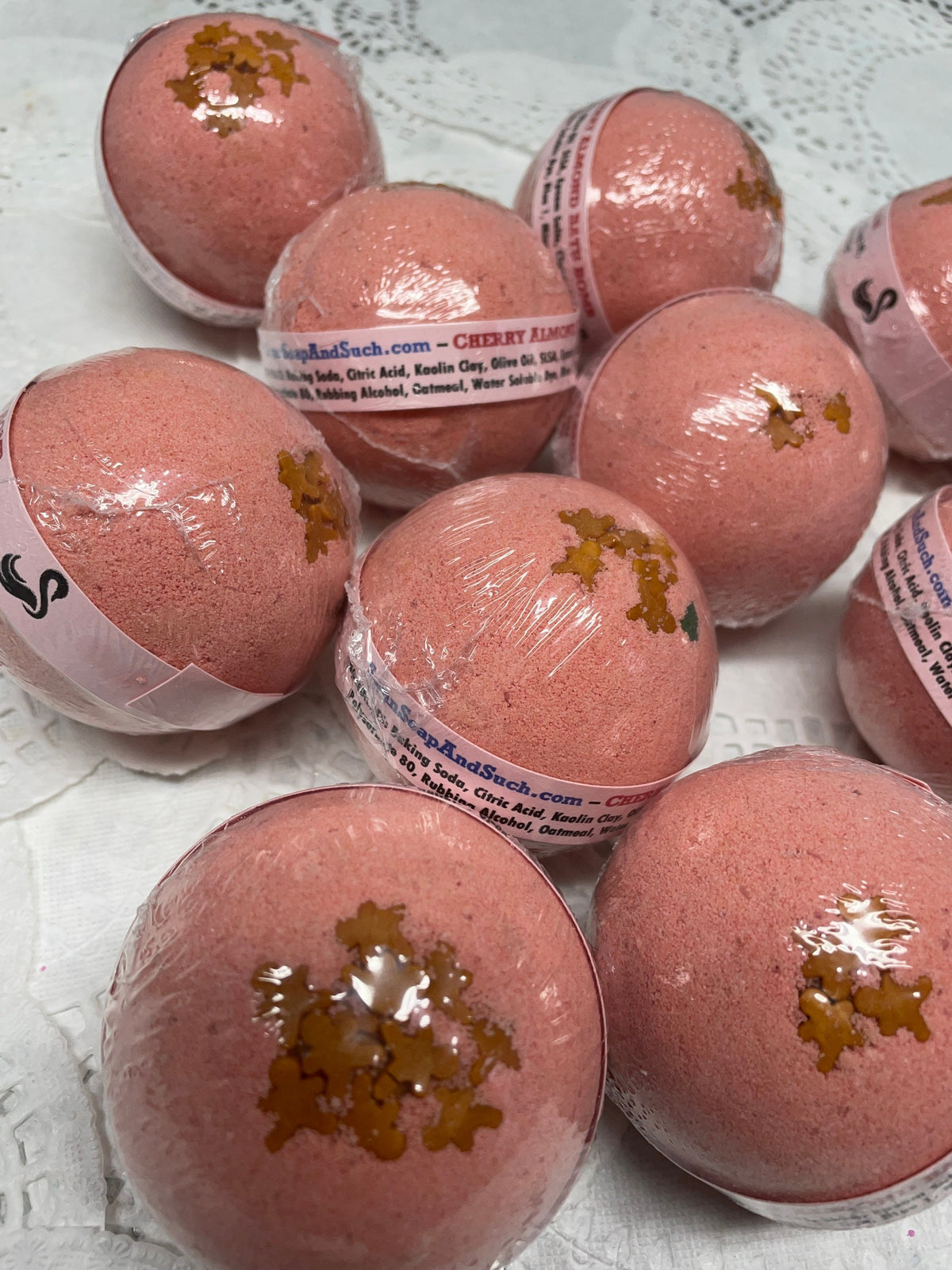Bath Bomb - Cherry Almond Bath Bombs with Embeds and sugar sprinkles of gingerbread men - 4.5 oz - 2.5"