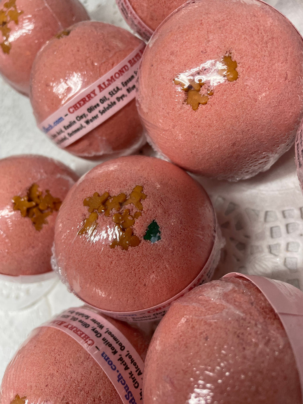 Bath Bomb - Cherry Almond Bath Bombs with Embeds and sugar sprinkles of gingerbread men - 4.5 oz - 2.5"