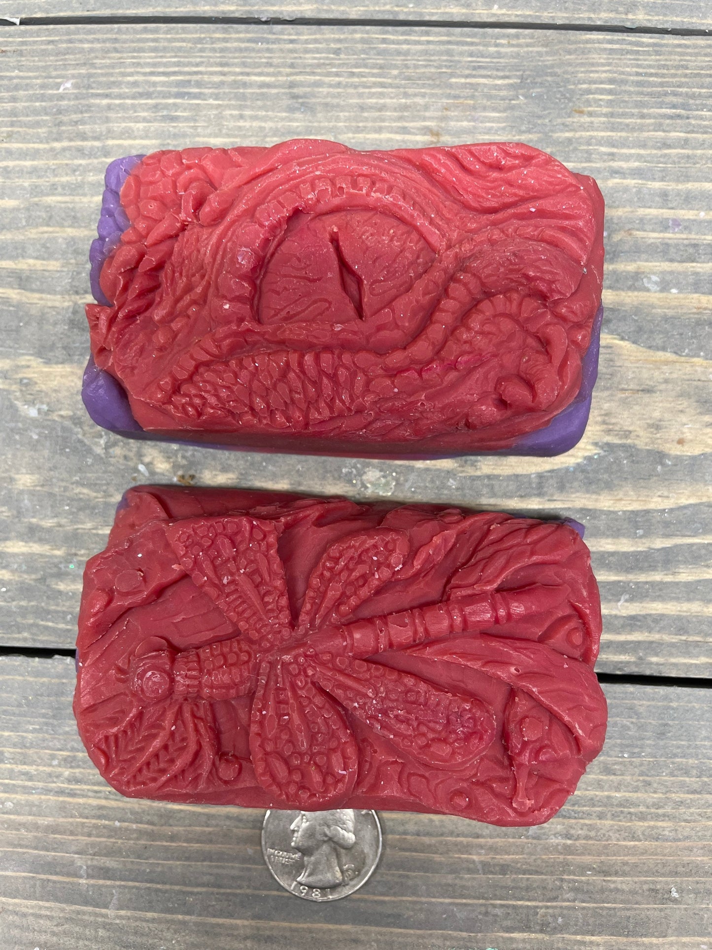 A photo showing detail of the Dragon Eye and Dragonfly Soap bars