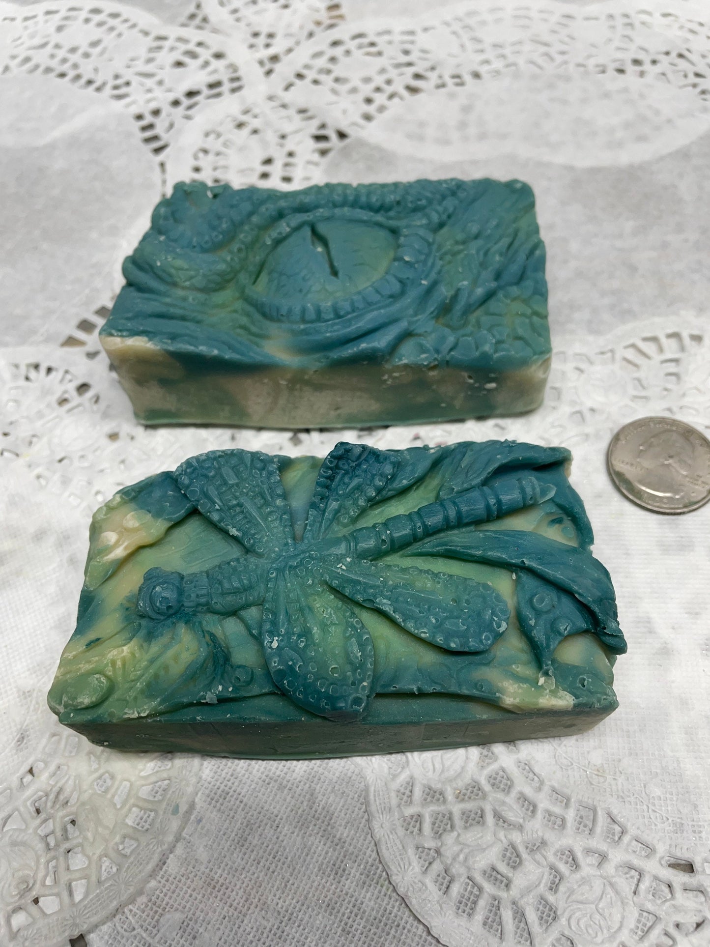 A photo of Dragon Eye and Dragonfly Aloe Vera and Cucumber Soap side by side