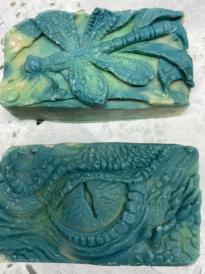 A photo of Dragon Eye and Dragonfly Aloe Vera and Cucumber Soap side by side