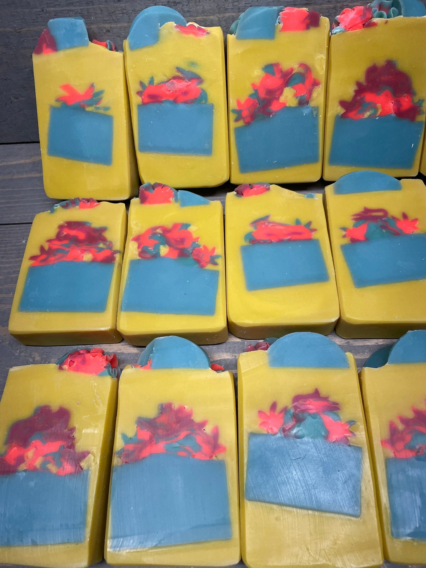 A photo of Fruity Cupcake Soap Bars with yellow, blue colors