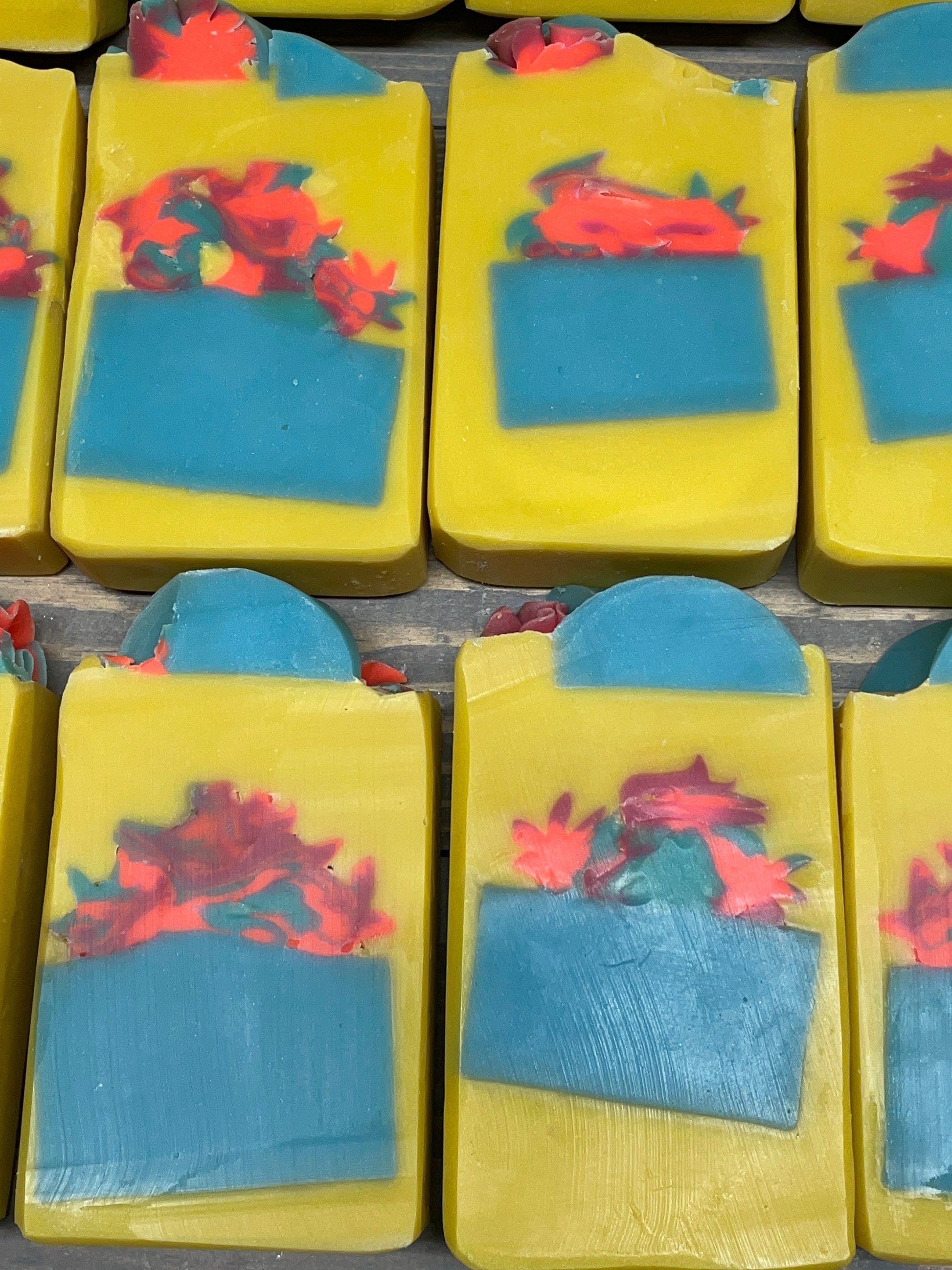 A photo of Fruity Cupcake Soap Bars with yellow, blue colors