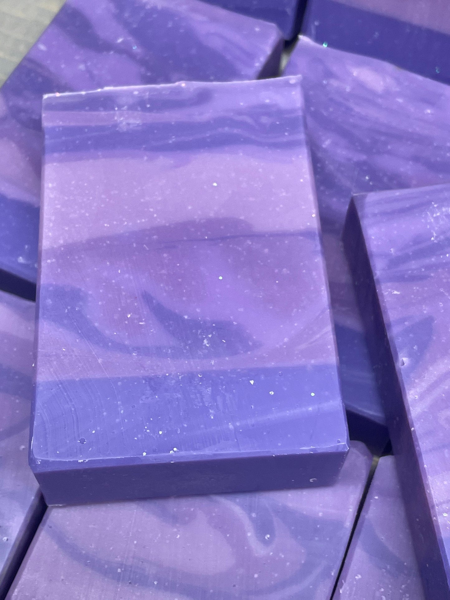 A photo showing detail of a Pow! Pow! Lavender 5.0 oz Bar Soap