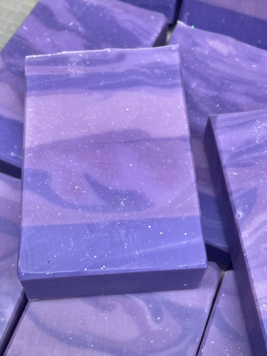 A photo showing detail of a Pow! Pow! Lavender 5.0 oz Bar Soap