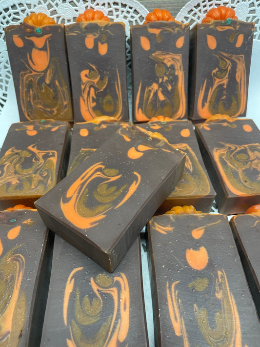 A photo showing Pumpkin Spice Soap Soap with brown and orange colors