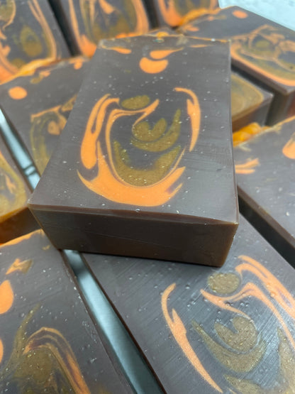 A photo showing Pumpkin Spice Soap Soap with brown and orange colors